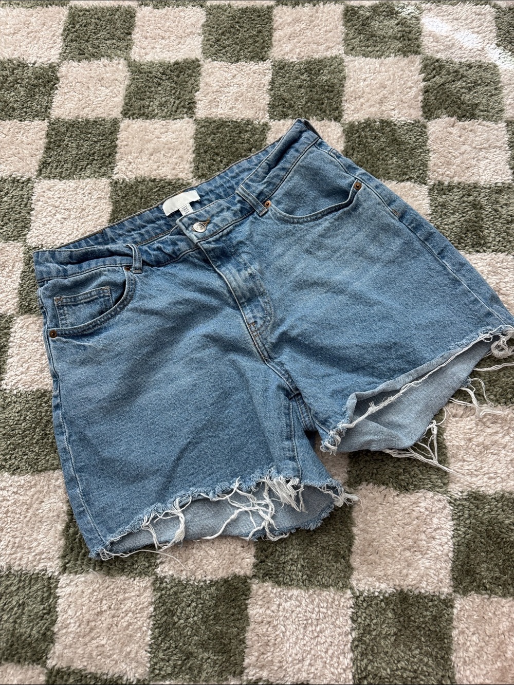H&M Blue High-Rise Frayed Denim Shorts